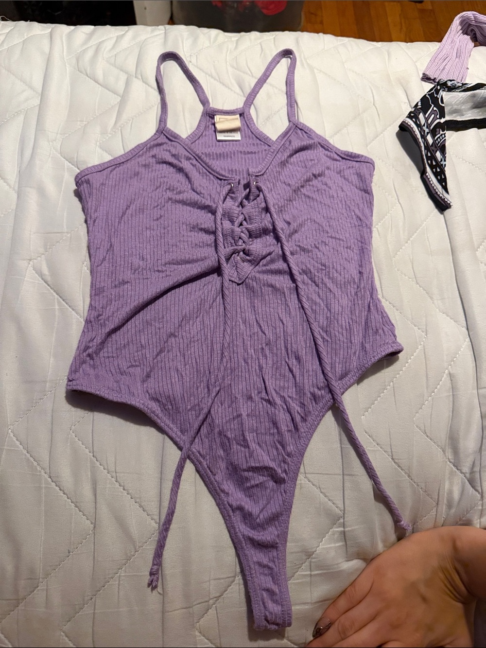Me to We Lavender Ribbed Lace-Up One-Piece Bodysuit